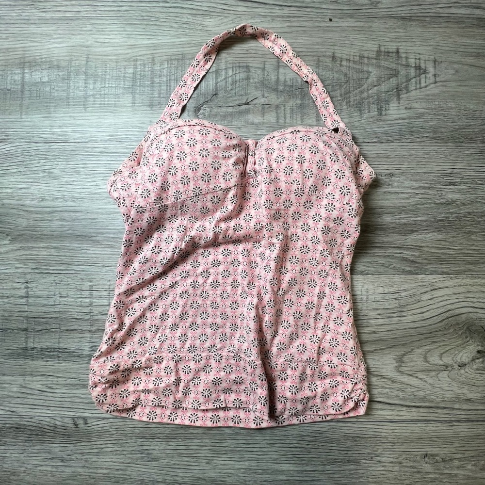 L.E.I. Halter Tank Top Women Large Pink Floral Built-in Bra Ruched Y2K Coquette